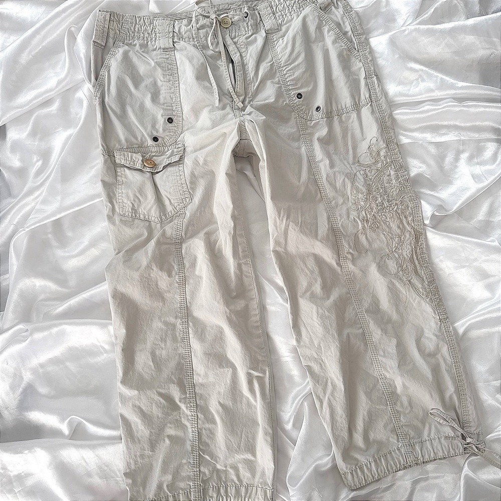 Caribbean Joe Women Beige Embroidered Cargo Pants Cropped Wide Leg Size 10